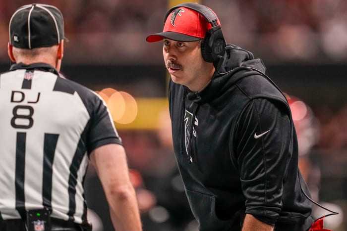 Oct 15, 2023; Atlanta, Georgia, USA; Atlanta Falcons head coach Arthur Smith shown reacting during the game against the Washington Commanders during the second half at Mercedes-Benz Stadium.